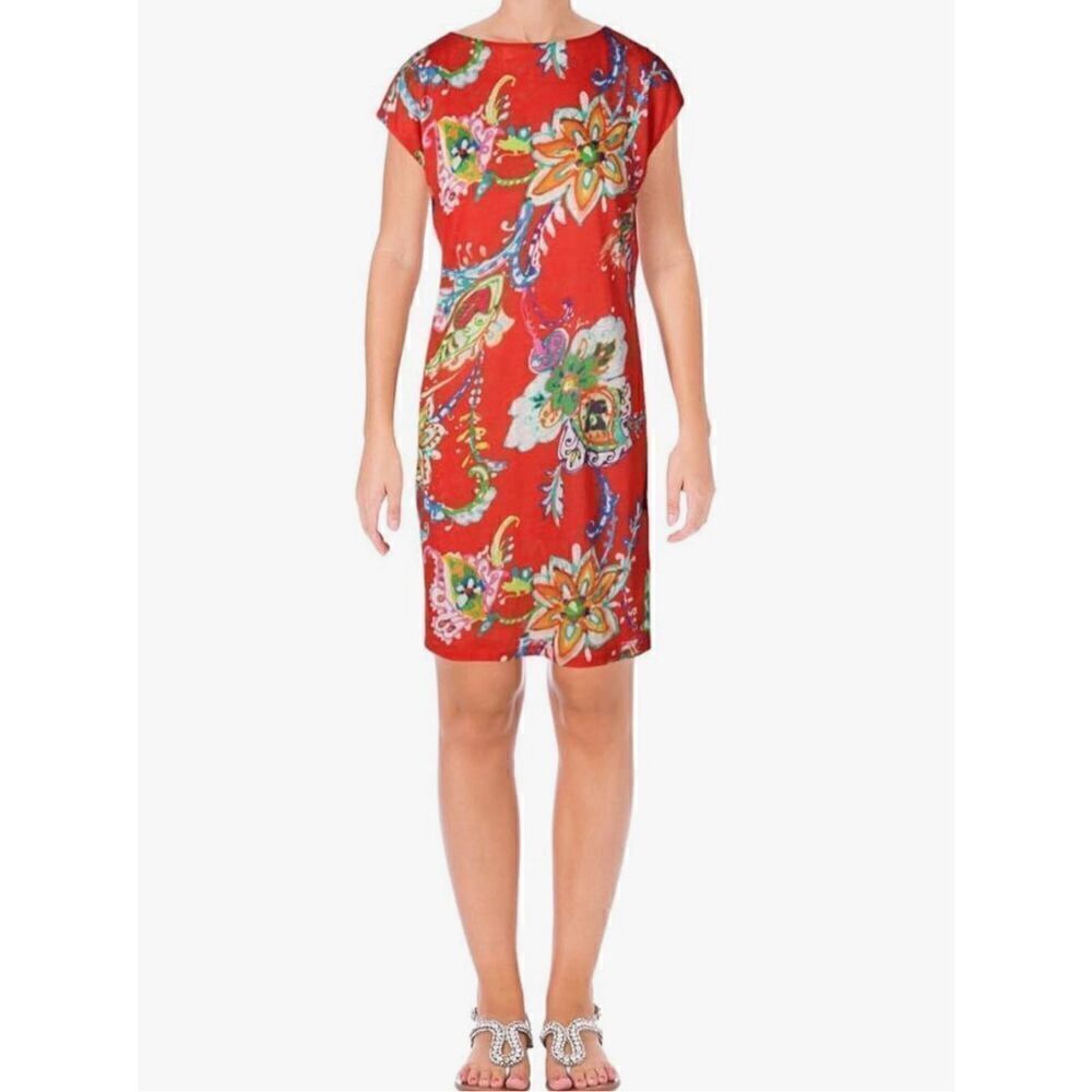 NWT Ralph Lauren Women Red Paisley Short Sleeve Round Neck Lined Dress 2X